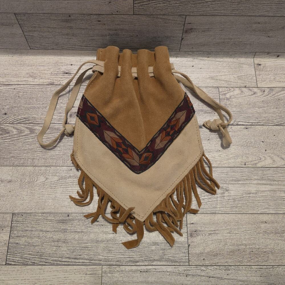 Bloom Brothers Co USA‎ Leather Fringe Drawstring Pouch Western Aztec